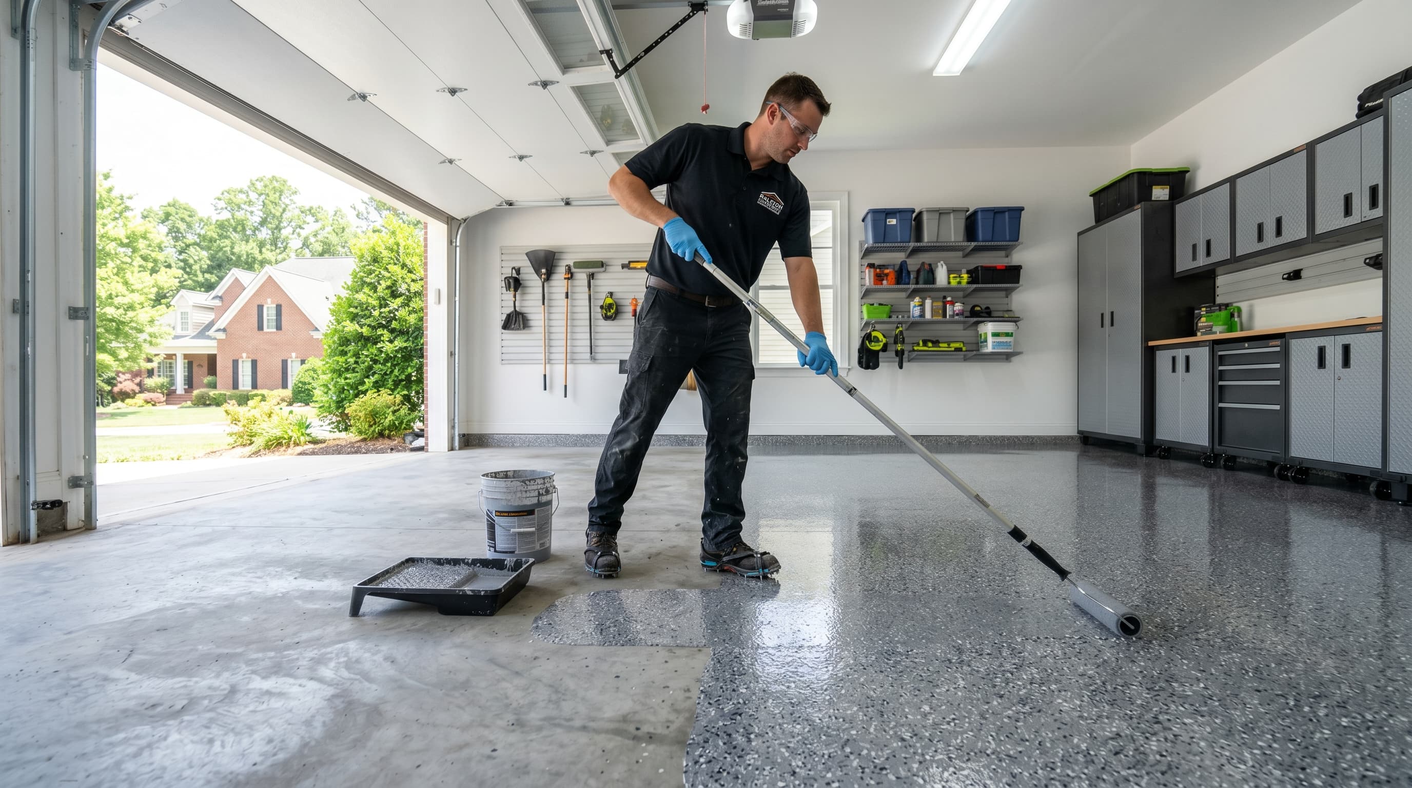 Professional installer applying epoxy floor