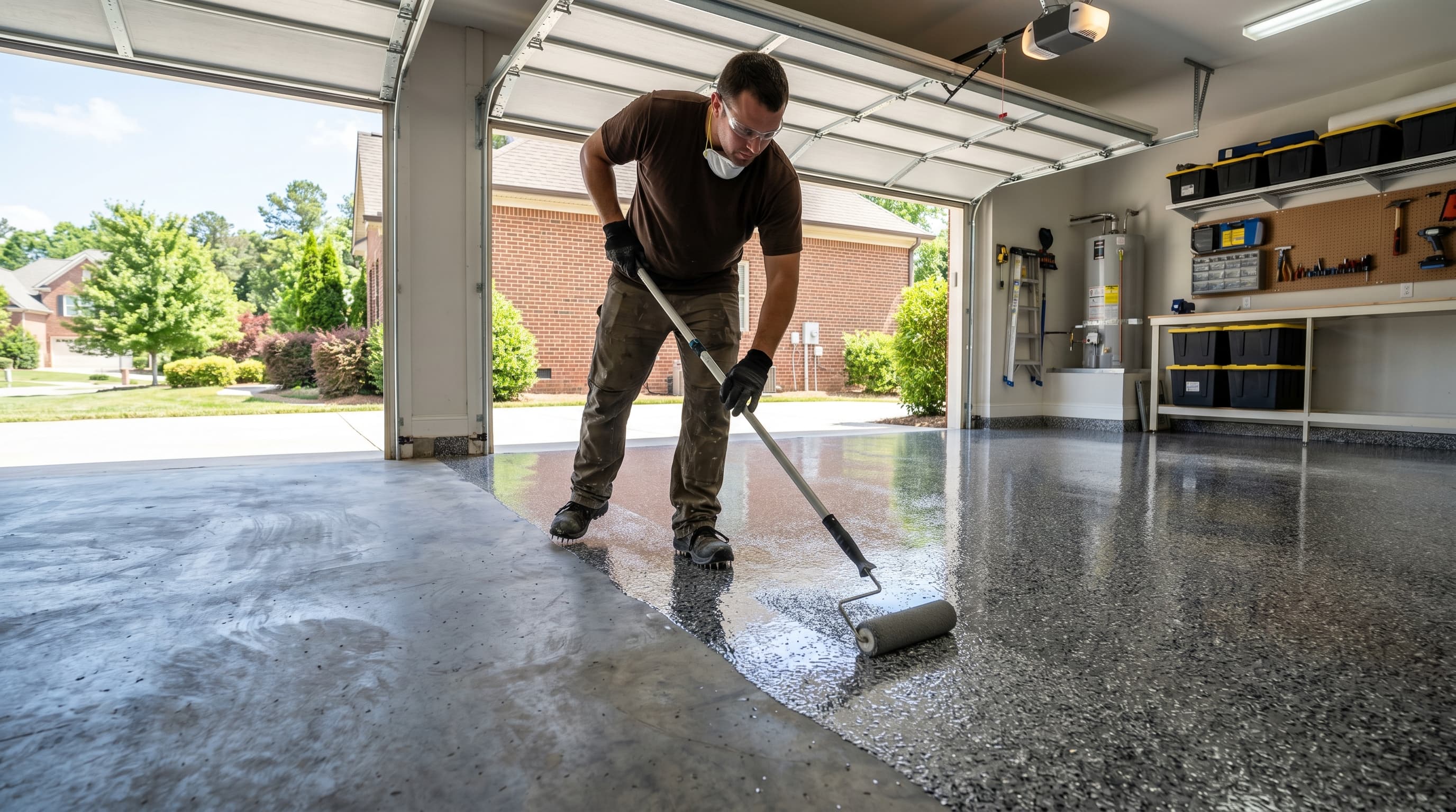 Installer finishing epoxy floor coating